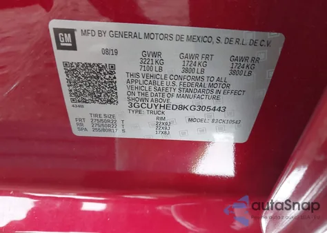 2019 Chevrolet Silverado 1500 High Country из США, поврежденный, VIN 3GCUYHED8KG305443